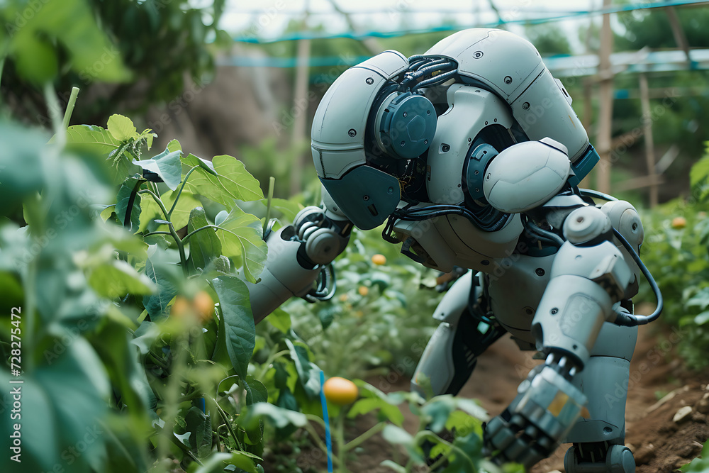 smart robotic farmer working in the vegetable garden smart robotic farmer working in the vegetable garden