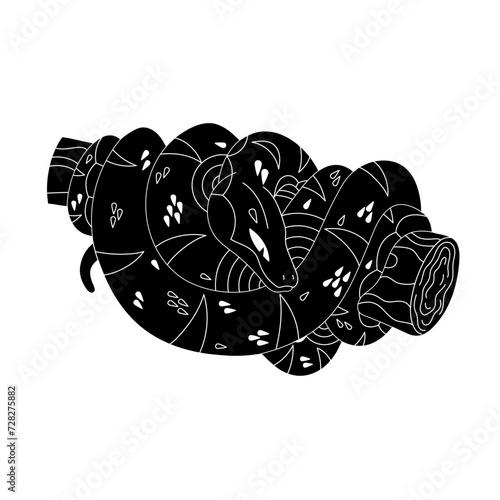 Serpent silhouette. Monochrome big snake on tree. Black ornamented boa on branch line art. Curled python with patterned scale. Venomous reptile. Flat isolated vector illustration on white background