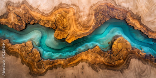 Old cracked wood with turquoise dark epoxy river.  Aerial view river sandy beach drone landscape. Water, nature wilderness in abstract wood texture. Top down river scenery photo
