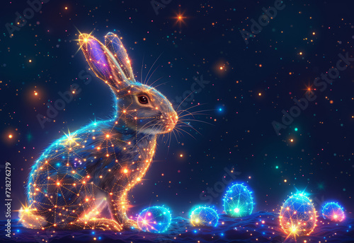 Rabbit with Easter eggs in shining neon lights and stars. Sparkling hare with shiny particles and stellar cosmic dust among the shimmering highlights. Futuristic techno style. Generative AI
