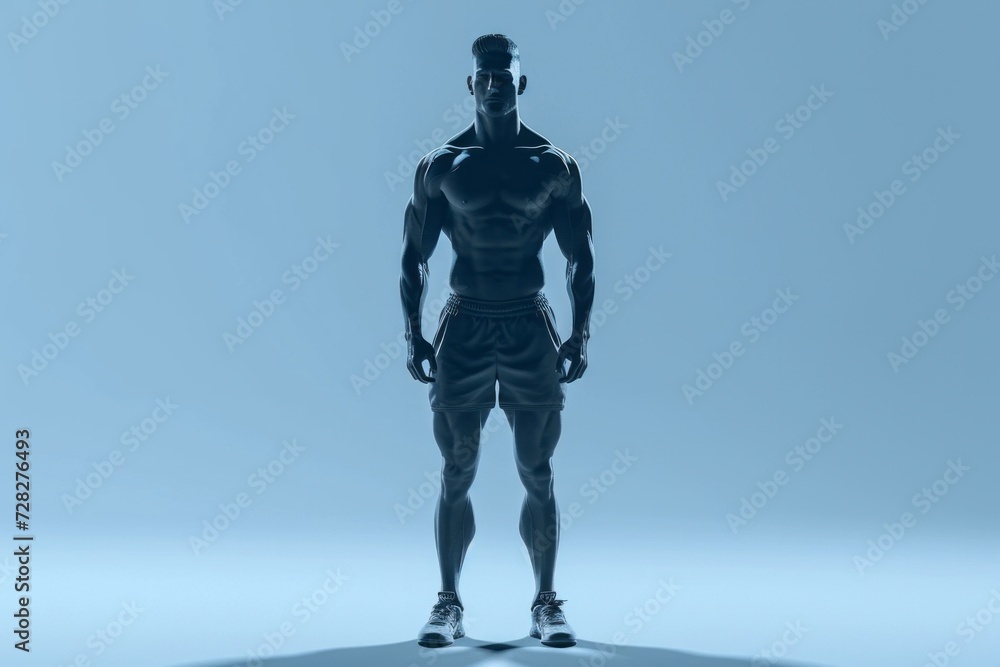 Silhouette of a muscular man standing confidently against a blue background.