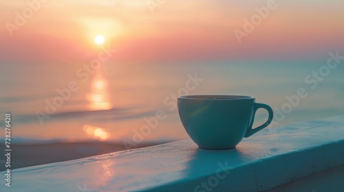 Coffee Cup Embracing a Serene Sunrise by the Sea - Peaceful Morning Moment