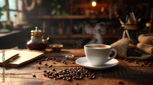 Steaming hot cup of classic coffee placed on a vintage wooden work table with spilled beans and notebook 