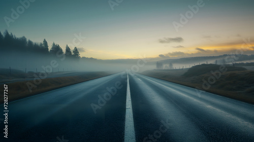 road in fog, sunset in the mountains, Mysterious Morning, road to the fog, Generative AI 