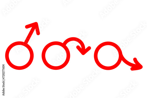 Erectile dysfunction, prostatitis. Male mars symbol. Impotence, flaccid soft penis. Infertility, pills for potency. Stock vector illustration isolated on white background. 