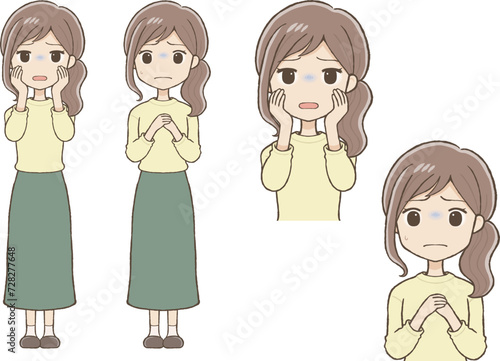 不安そうな表情のロングスカート女性