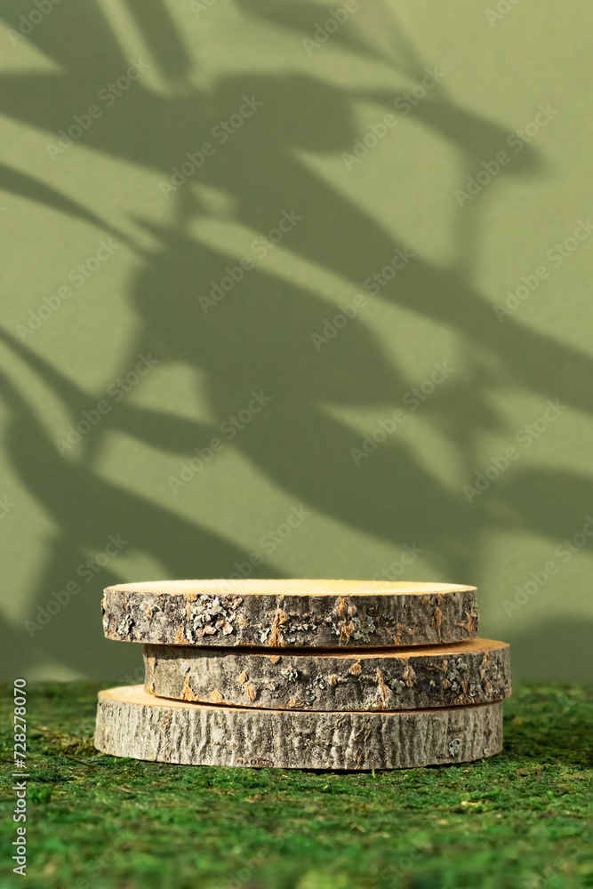 Wooden round podium on a green moss background with the shadow of plant leaves. Premium scene for product promotion, beauty, natural eco cosmetic. Empty showcase, display case.