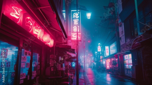 3d illustration, Cyberpunk-themed Asian street illustration, futuristic city, dystopian artwork at night, 4k wallpaper, light fog at night, street reflections, neon lights. Created with Generative AI.