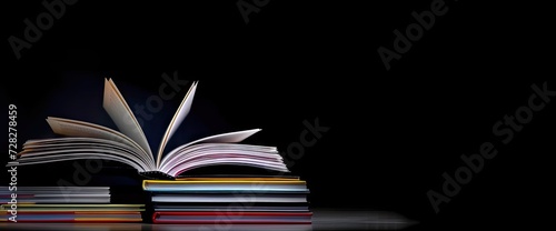 Pile of open books against backdrop of hand with ample space for text symbolizing pursuit of education and knowledge scene set in realm of literature and learning old pages and vintage texts