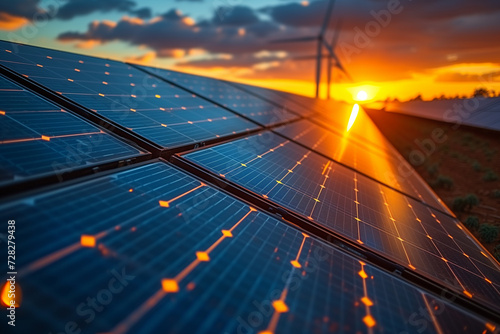 solar cell panel, sunset