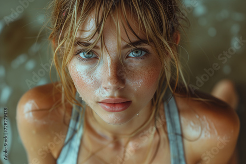 portrait of a woman sweating after workout