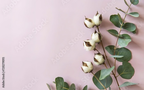 Cotton flowers buds with eucaliptus leaves boder on pink background