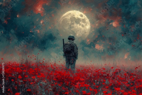 Red Moon Rising A Soldier's Solitude in a Field of Flowers Generative AI © Bipul