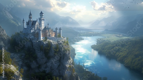A fairytale castle perched on a rocky cliff, its turrets reaching towards the sky. photo