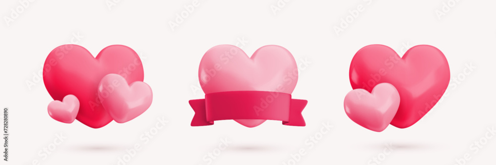 Vector 3d red and pink heart concepts set. Cute realistic glossy hearts couple, heart with ribbon icon. Minimal 3d render love heart illustration for Valentines day, Mothers Day, wedding decoration