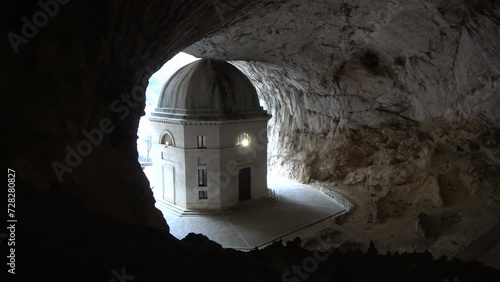 Temple of Valadier church near Frasassi caves of Genga. Rock church inside a cave. Marche, Italy. 4k footage photo