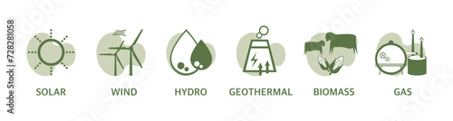 Environmental care and use clean green energy from renewable sources, Carbon footprint concept, Solar cells, Wind power, Hydroelectric, Geothermal, Biomass, Natural gas, Power generation industrial.