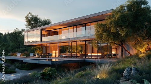  A modern masterpiece of glass and steel, seamlessly integrated into the natural landscape. ©    Laiba Rana