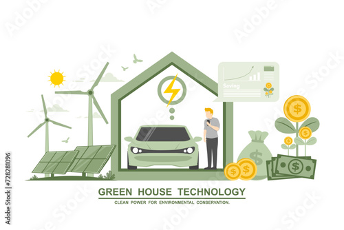 Investment to alternative energy, Environmental care and use clean energy, Net zero emission sustainability concept, Saving money from using renewable energy, Green house technology and electric car.