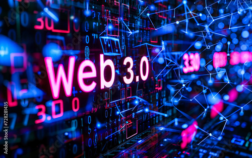 Web 3.0 illuminated in vibrant neon on a dynamic digital cityscape, symbolizing the next-generation internet with decentralized, blockchain-driven innovations