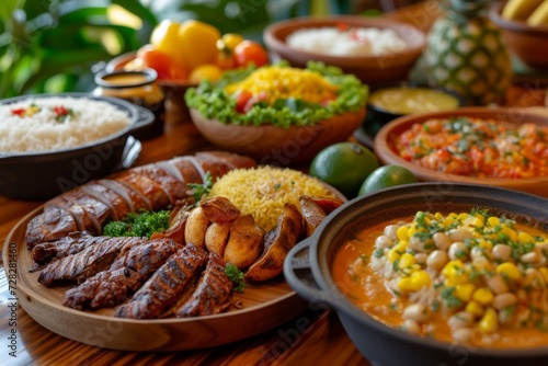 Traditional Brazilian dishes on the wooden table, upper view.