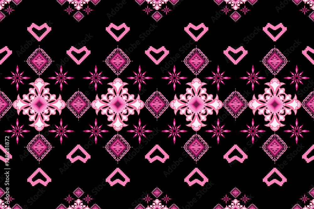 Ethnic black pink geometric seamless pattern with hearts shape pattern. Native traditional Aztec style design for fabric, texture, textile, embroidery, ornaments, element, background, illustrations Ethnic black pink geometric seamless pattern with hearts shape pattern. Native traditional Aztec style design for fabric, texture, textile, embroidery, ornaments, element, background, illustrations