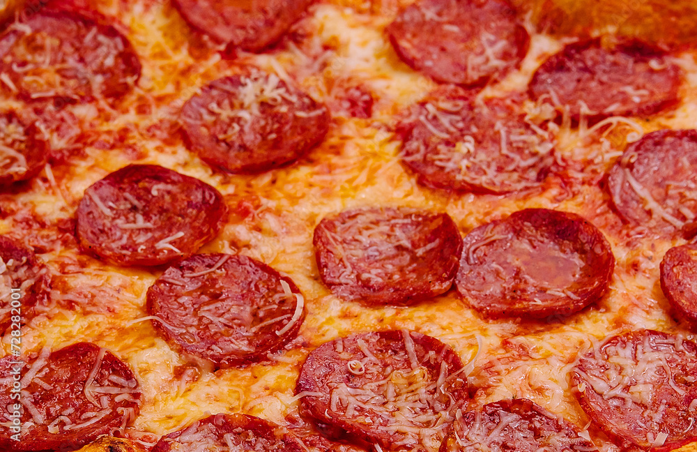 Pizza with pepperoni and parmesan close up Pizza with pepperoni and parmesan close up