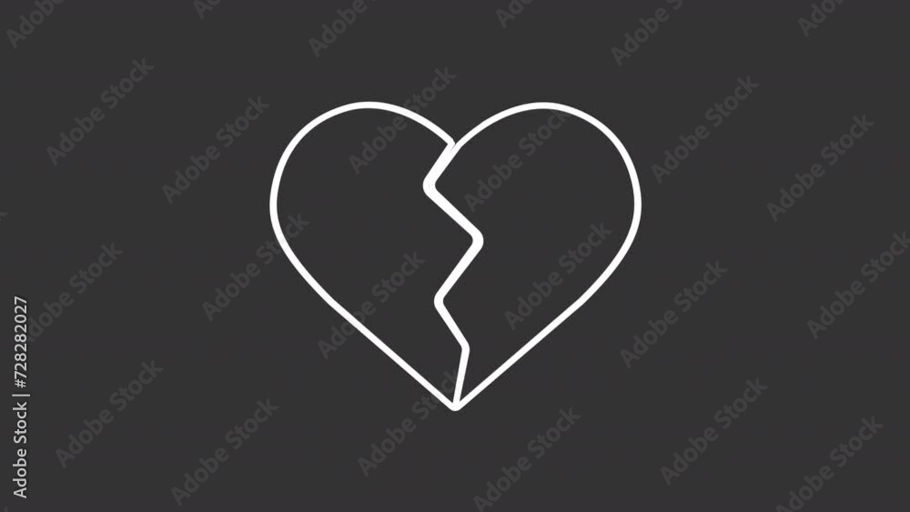Broken heart white line animation. Animated split heart icon. Broken relationship. Emotional pain. Break up. Isolated illustration on dark background. Transition alpha video. Motion graphic Broken heart white line animation. Animated split heart icon. Broken relationship. Emotional pain. Break up. Isolated illustration on dark background. Transition alpha video. Motion graphic