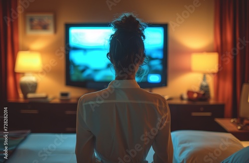 Business traveler watching tv in hotel room during a trip, interior room inspections image