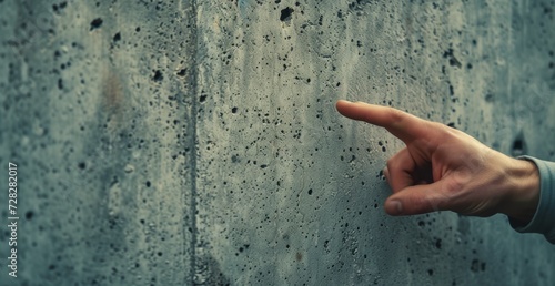 Hand pointing at concrete wall with focus on direction or decision, interior room inspections image