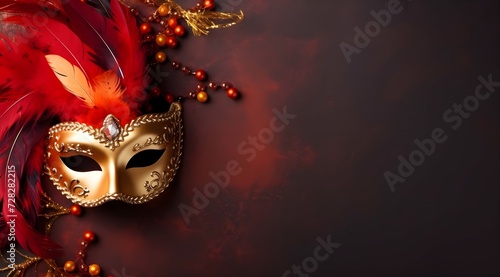 Traditional carnival mask with feathers and beads on dark red background.