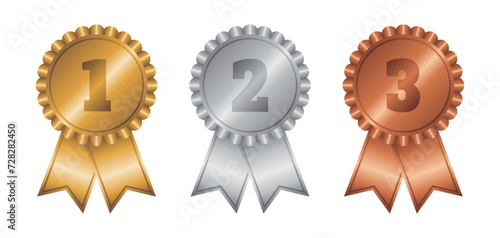 Set of gold, silver and bronze medals. Metallic trophy awards with numbers. Vector and PNG on transparent background.