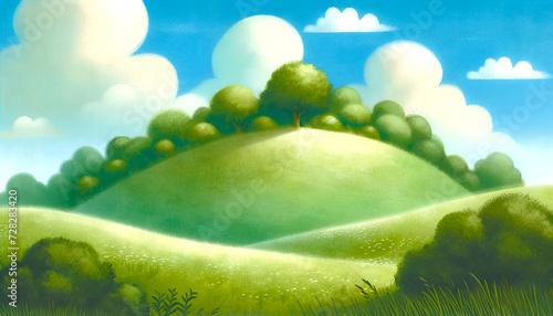 Enchanting storybook scenery with lush grasslands and serene hillside for kids  tales. Generative AI.