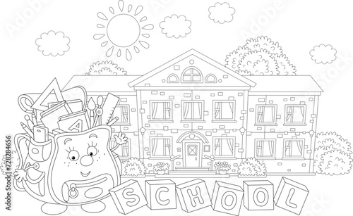 Funny cartoony schoolbag character friendly smiling and waving in greeting before start of classes on the background of a pretty school on a sunny day, black and white vector cartoon illustration