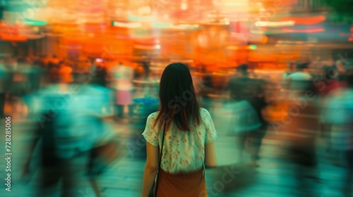 Unseen Presence: Portray the hidden anguish of social anxiety with a woman standing unnoticed amidst the blurred faces and movements of a lively gathering.