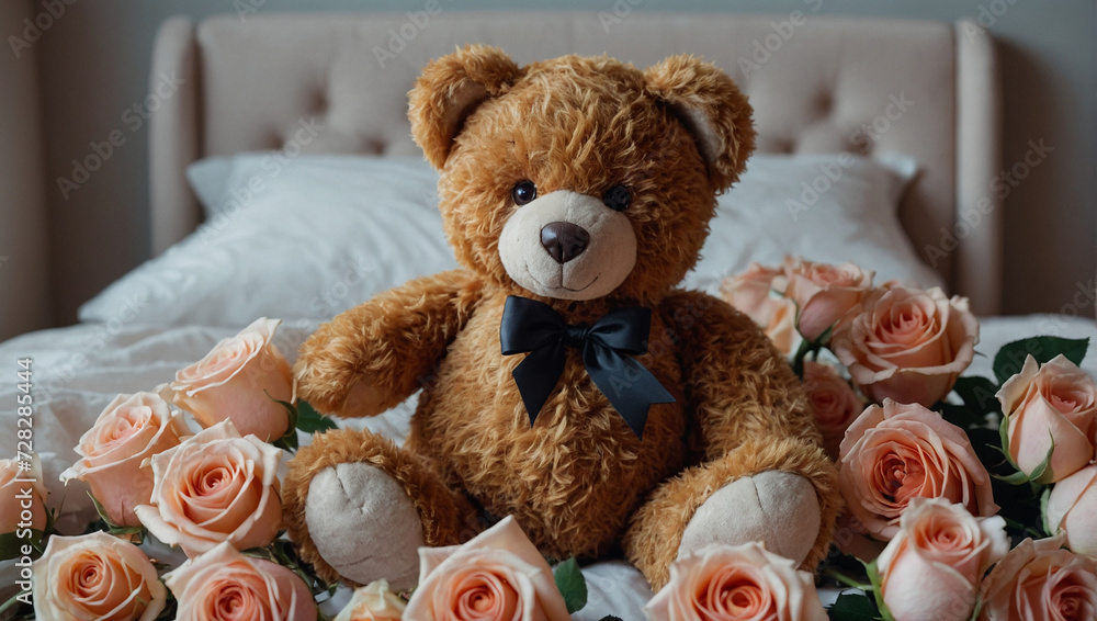 Fototapeta premium The teddy bear is holding a bouquet of roses or sitting among a bed of roses. generative AI