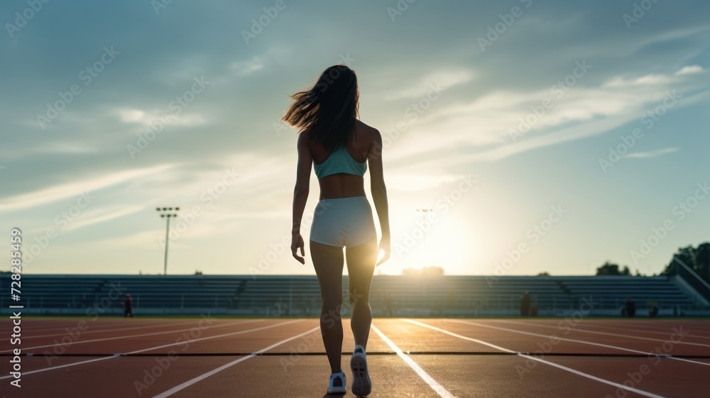 Woman athlete at starting block on track during sunset