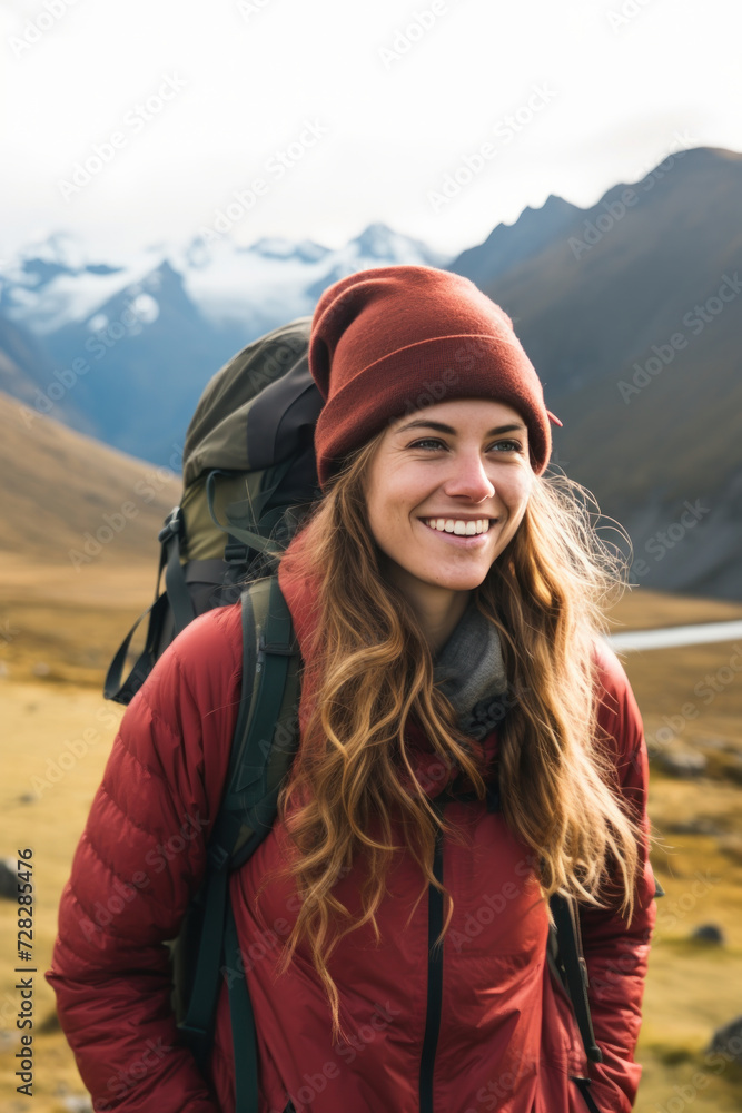 Smiling woman with backpack in mountainous terrain