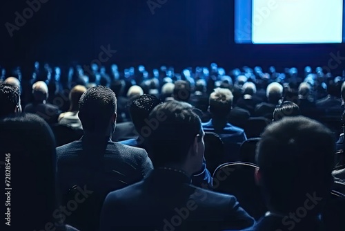Engaged audience sitting in large auditorium attentively listening to speaker at business seminar or educational lecture scene captures professional conference workshop or university symposium