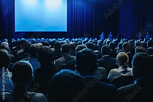 Engaged audience sitting in large auditorium attentively listening to speaker at business seminar or educational lecture scene captures professional conference workshop or university symposium