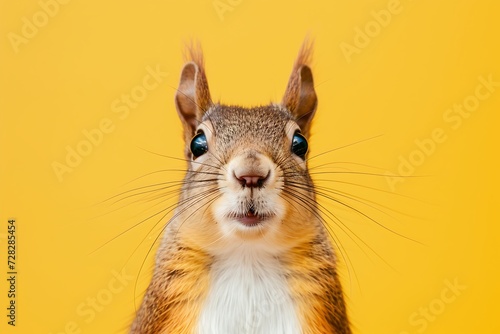 portrait of a surprised squirrel isolated on yellow background