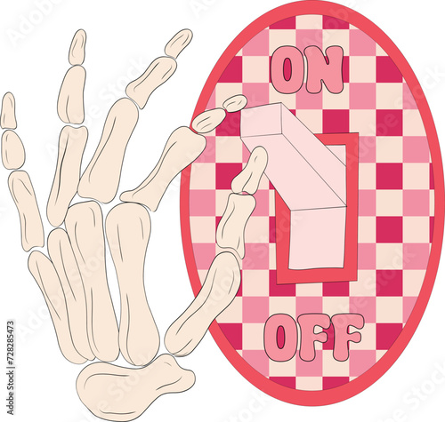 Valentine on off mode, The skeleton hand turned on the switch. Hand drawn Vector illustration