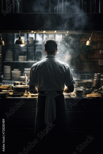 Chef silhouette in bustling professional kitchen