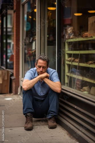 Distressed businessman sitting on sidewalk