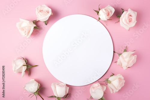 Top view photo of white circle with roses isolated on pastel pink background with copy space. Mother's day concept