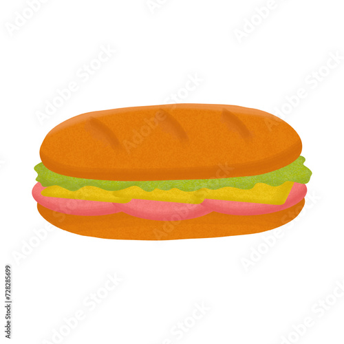 Submarine sandwich with vegetables, cheese and ham vector illustration. Sub sandwich for breakfast, lunch, dinner.