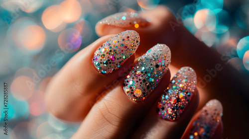 A close-up photography of a hand showcasing a manicure in stunning detail. The nails are painted with a glossy, vibrant polish, reflecting the light beautifully