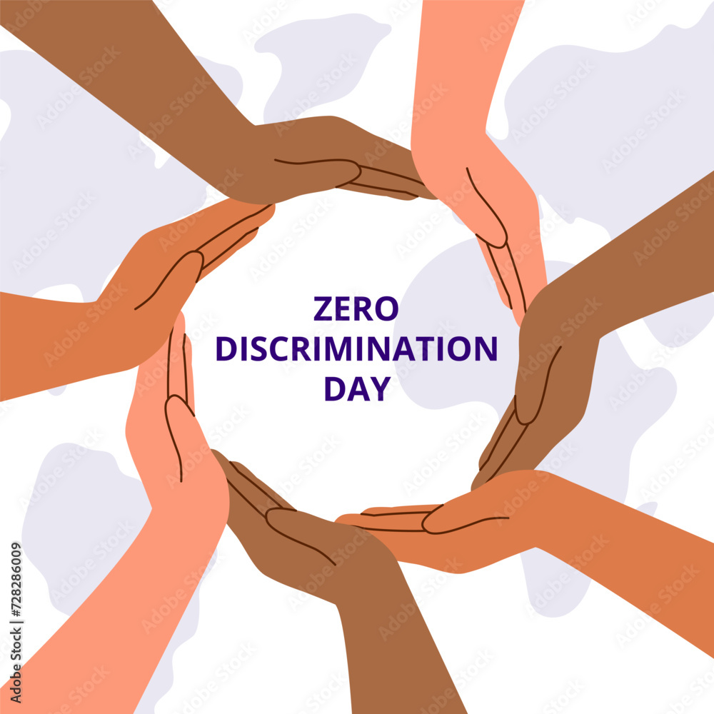 Zero Discrimination Day background. Hands of people of different skin tones joined in a circle.  Equality concept. Peace concept. - obrazy, fototapety, plakaty 