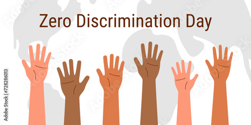 Zero Discrimination Day background. Hands of people of different skin tones raised upwards. Equality concept.