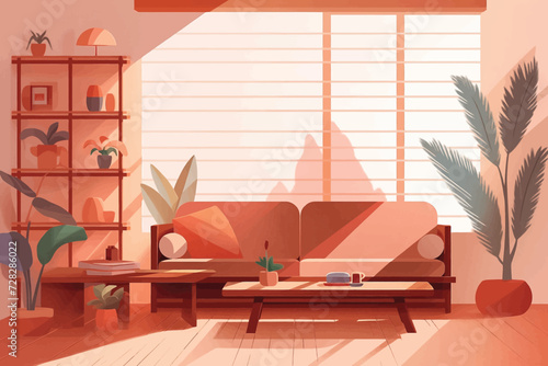 Living room interior with big window and furniture: sofa, table, bookcase and plants. Flat style warm colors vector illustration © alchena